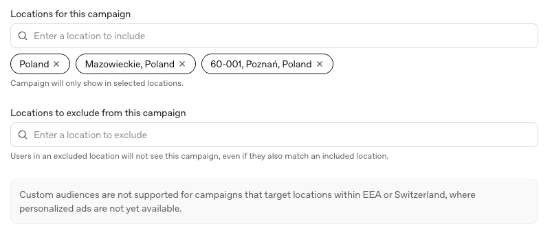 Ads Manager OpenAI z wybraną Polską jako lokalizacją kampanii i informacją o braku obsługi Custom Audiences
