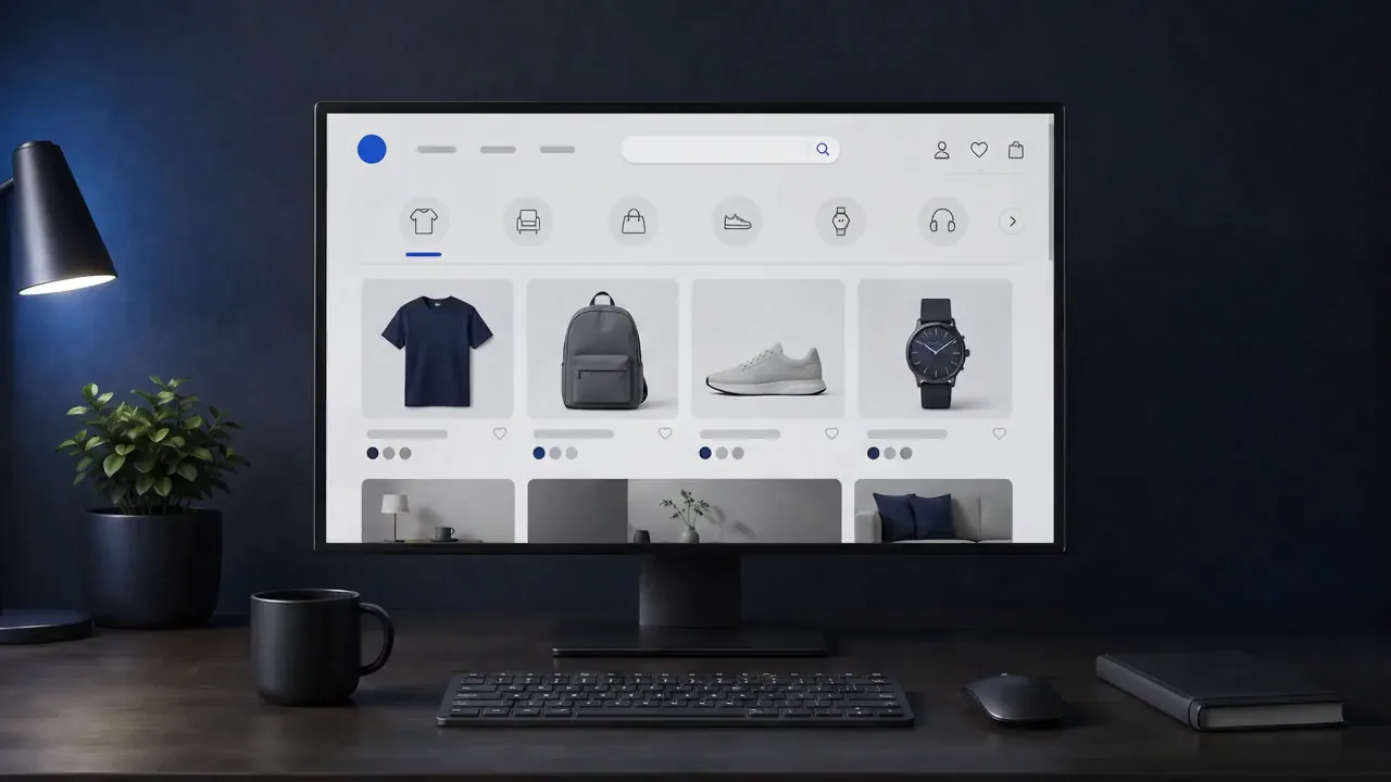 Grafika przedstawiająca nowoczesny sklep internetowy na monitorze